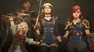 An edited screenshot of a cheering lalafell in front of Netflix's Arcane series, based on Riot Games' League of Legends.