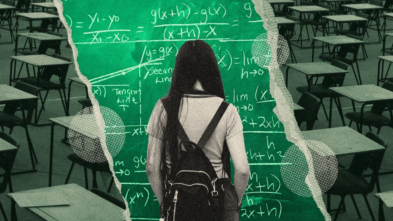 Photo collage of a teenage girl with a backpack on, facing away from the camera and towards a giant blackboard with mathematical formulas on it