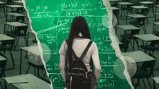 Photo collage of a teenage girl with a backpack on, facing away from the camera and towards a giant blackboard with mathematical formulas on it