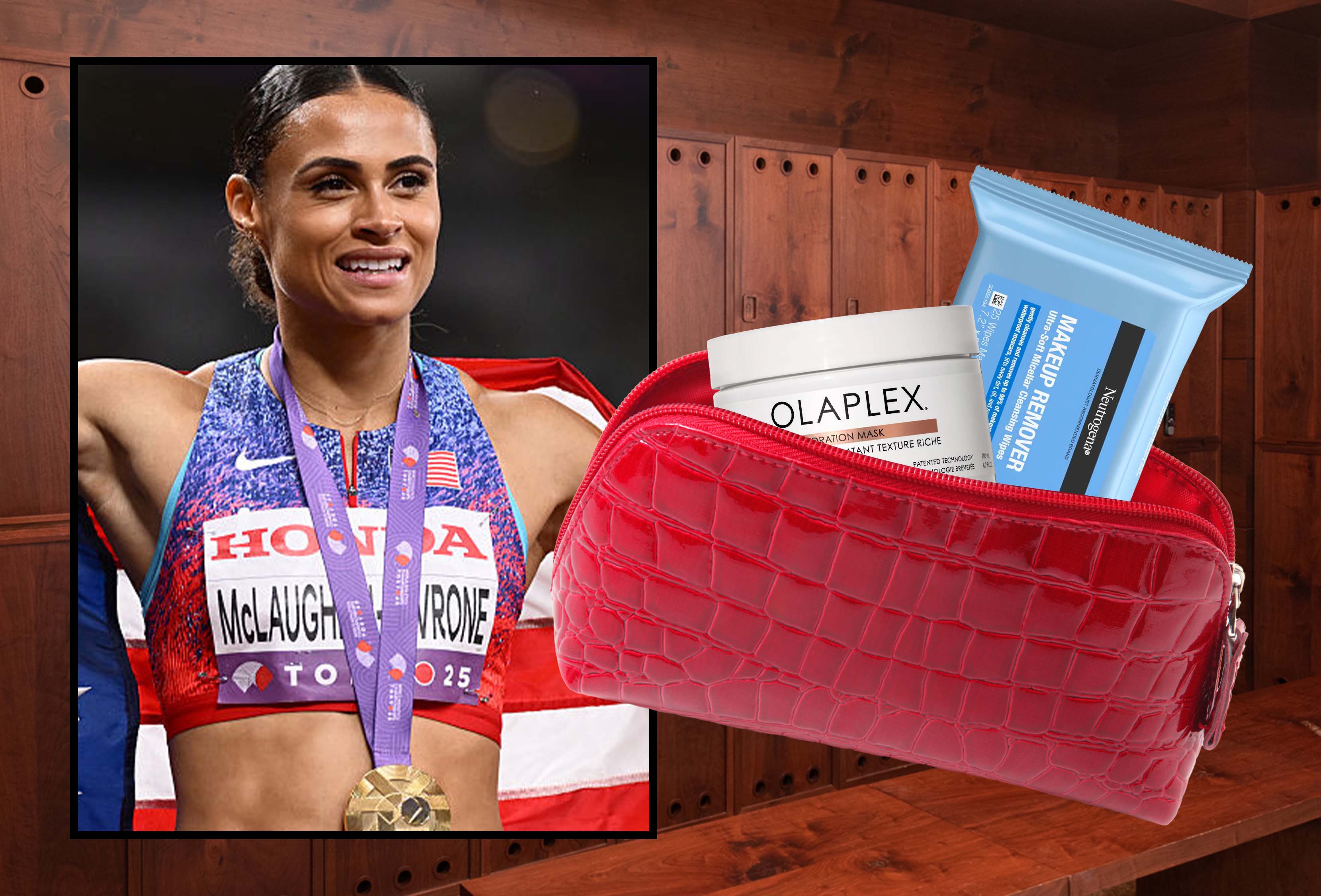 athlete Sydney McLaughlin-Levrone framed on top of a background featuring school locker rooms, next to a red makeup bag filled with beauty products