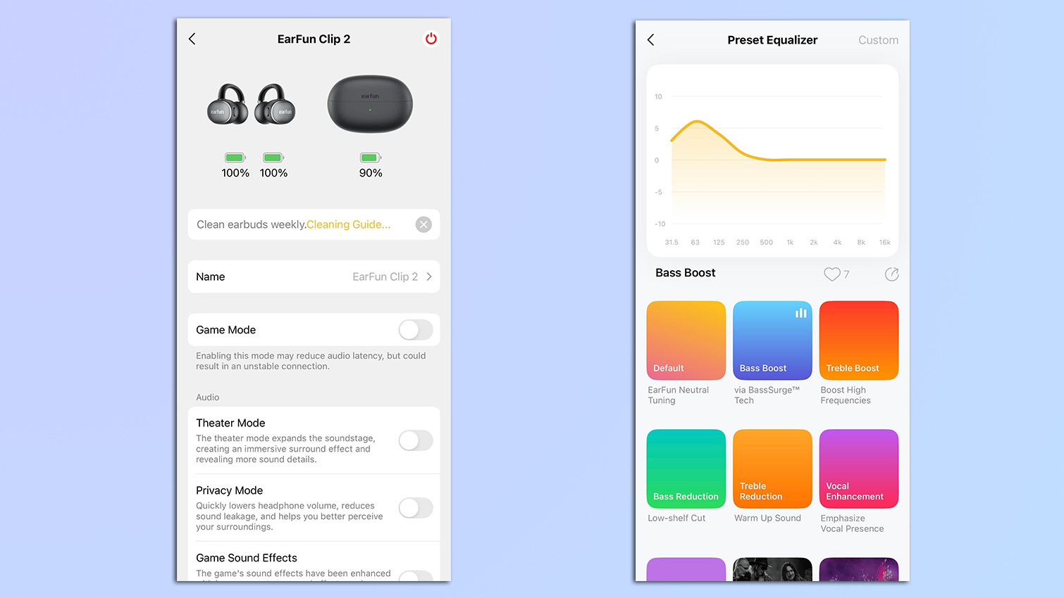 screenshots from the EarFun app of the interface and the EQ presets