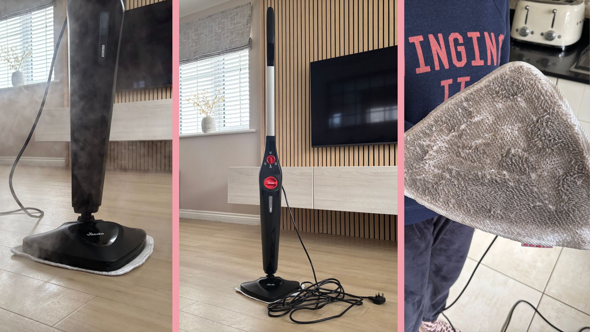 Three images of the Vileda Steam Plus Steam Cleaner: one steaming, one on the floor, and one showing the results