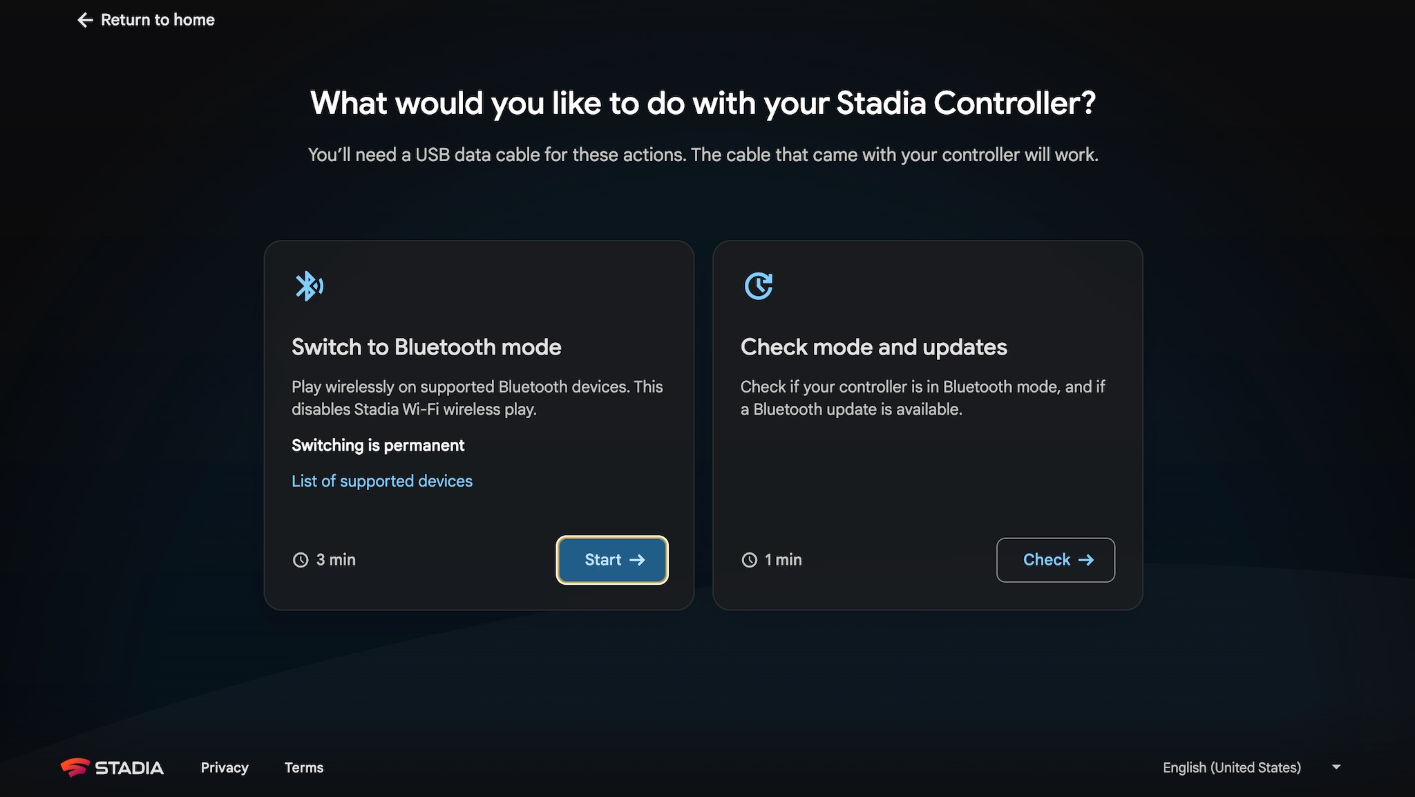 The Stadia Controller firmware browser tool: options to either switch the controller to Bluetooth or check its Bluetooth status.