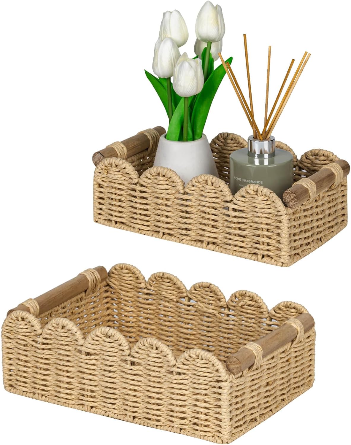 Cubesland Paper Rope Scalloped Edge Decor Baskets for Home, Living Room, Bedroom, Toilet Basket for Over Toilet Storage Shelf, End Table, Shelves and More, Both Storage&amp;amp;decor, Set 2 Neutral