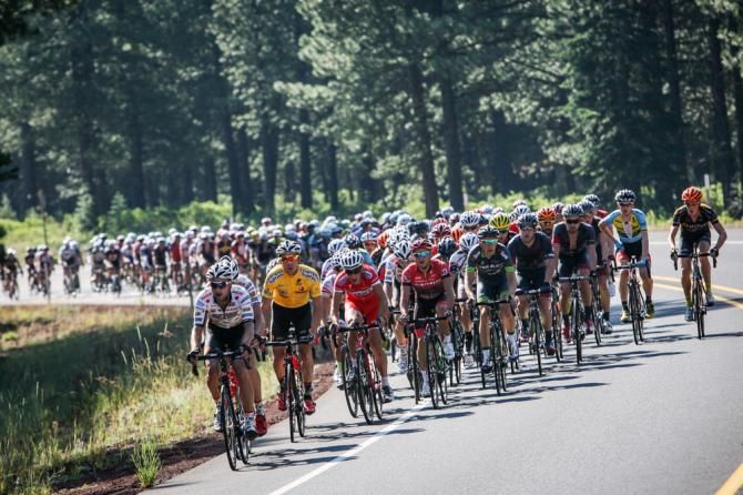 Jelly Belly controls the front of the field on the first climb.