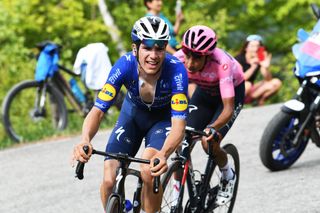 ALPE DI MERA VALSESIA ITALY MAY 28 Joao Almeida of Portugal and Team Deceuninck QuickStep Egan Arley Bernal Gomez of Colombia and Team INEOS Grenadiers Pink Leader Jersey during the 104th Giro dItalia 2021 Stage 19 a 166km stage from Abbiategrasso to Alpe di Mera Valsesia 1531m Stage modified due to the tragic events on May the 23rd 2021 that involved the Mottarone Cableway UCIworldtour girodiitalia Giro on May 28 2021 in Alpe di Mera Valsesia Italy Photo by Tim de WaeleGetty Images