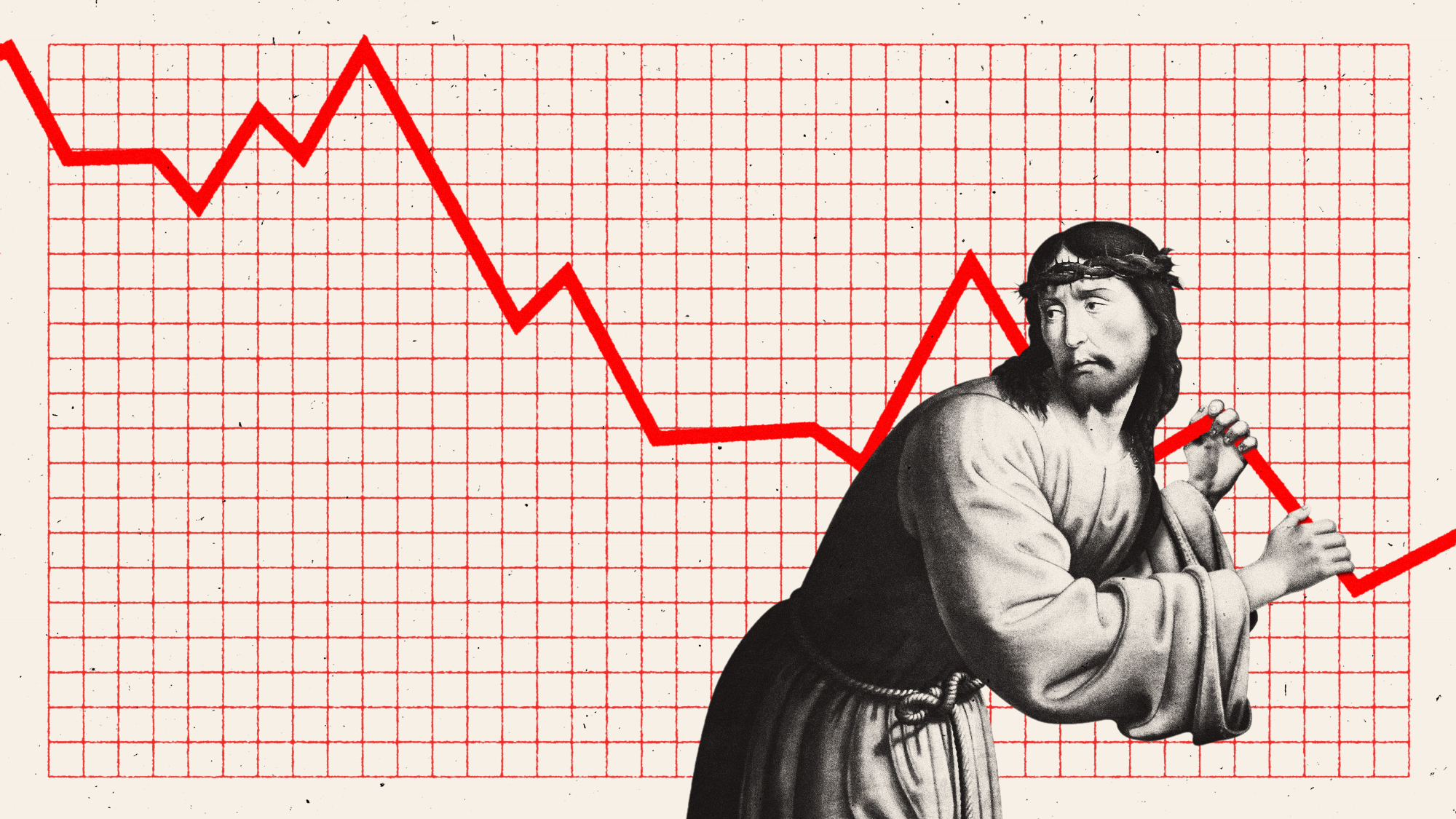Illustration of Christ carrying a sharply declining line graph representing Christian believers
