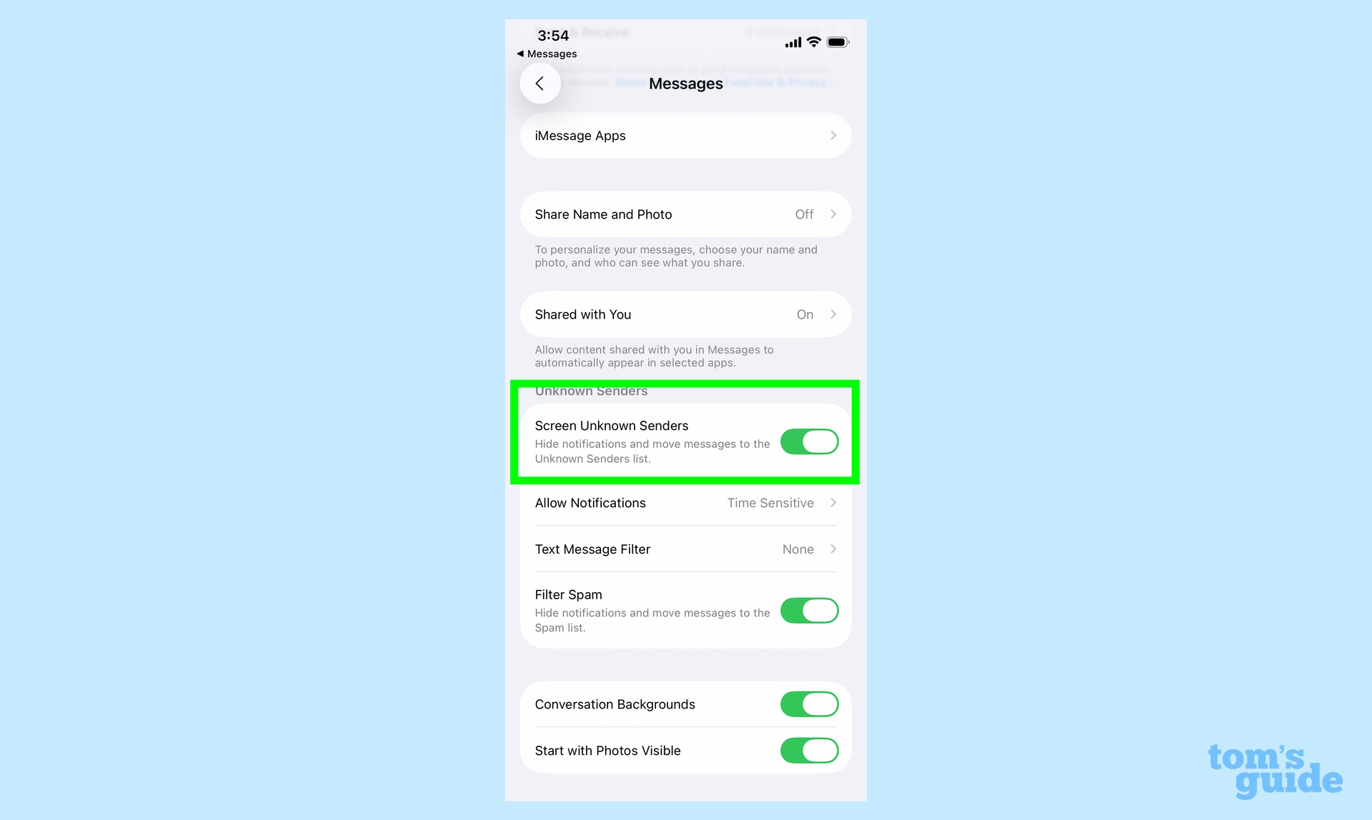 Setting in Messages to screen texts from unknown senders