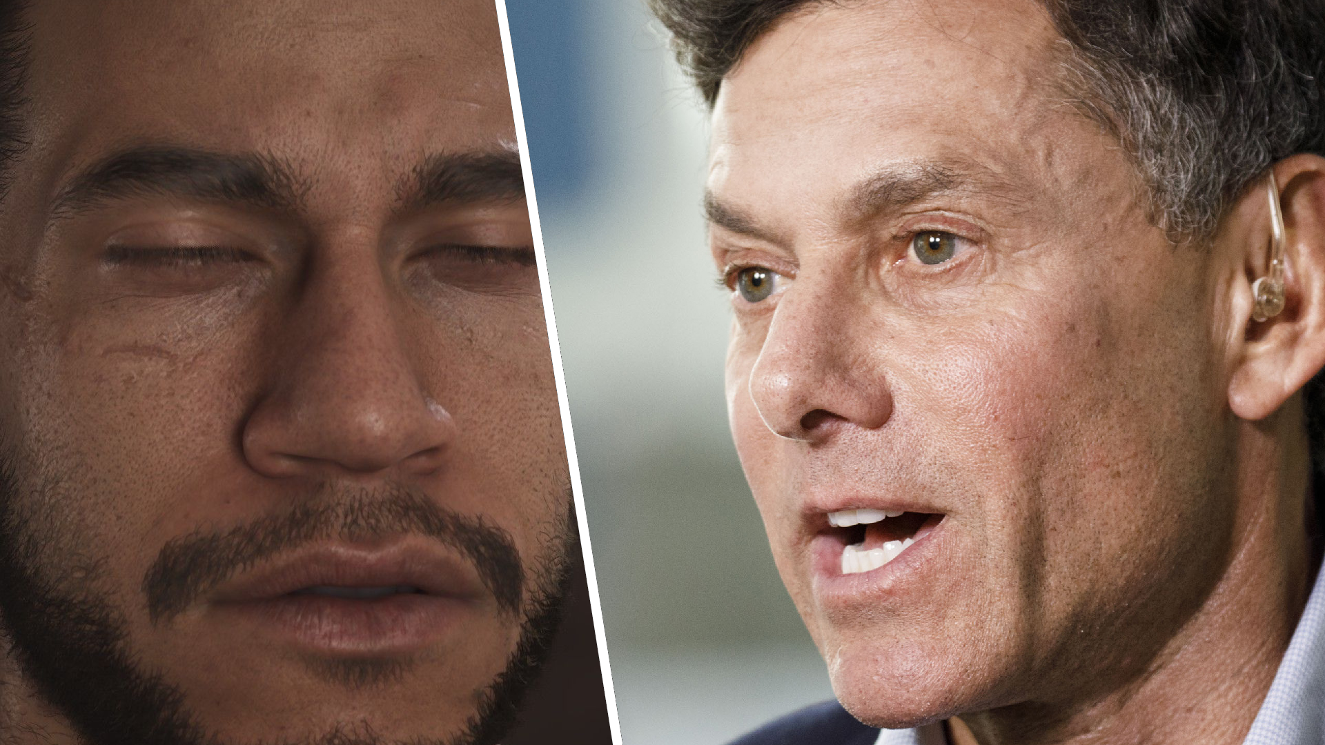 Left: The main character from MindsEyE closes his eyes in a wince. Right: Strauss Zelnick, CEO of Take-Two, via Bloomberg.