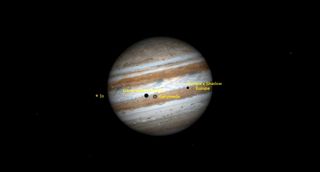 On Sunday (Aug. 22) observers with telescopes across Eastern Europe, eastern Africa, and Asia can watch the small black shadows of two of Jupiter's moons cross the planet's disk at the same time. At 8:42 p.m. CEST (1842 GMT), Ganymede's large shadow will join Europa's smaller shadow already crossing. The two shadows will appear together for two hours until Europa's shadow moves off at 10:40 p.m. CEST (2040 GMT), leaving Ganymede's shadow to complete its transit at 12:20 a.m. CEST (2220 GMT). In eastern Asia, the double shadow event will be observable during the wee hours of Monday morning.