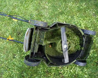 underneath of lawn mower clogged with wet grass clippings