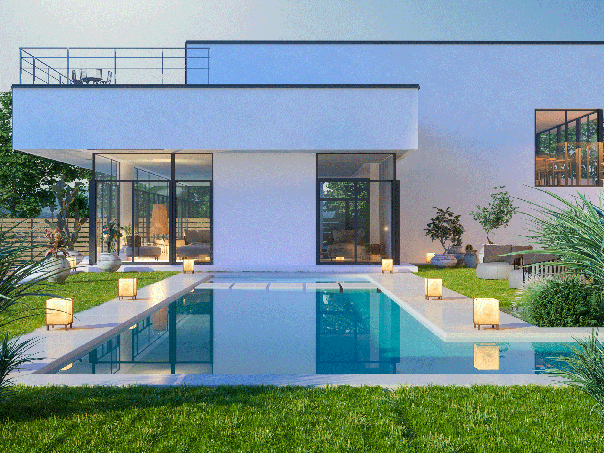 monochrome backyard design with pool