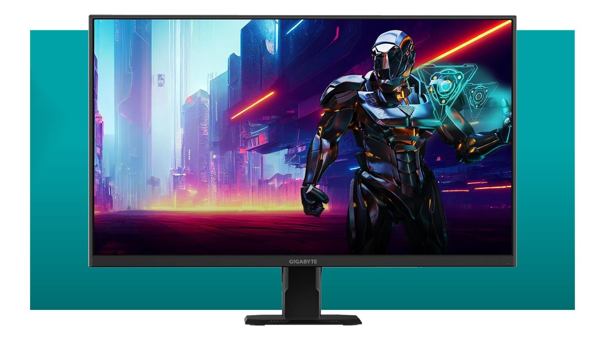 A Gigabyte gaming monitor on a blue background.