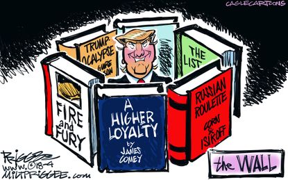 Political cartoon U.S. Trump wall books Fire and Fury A Higher Loyalty