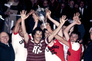 Metz players celebrate their French Cup win in May 1984.