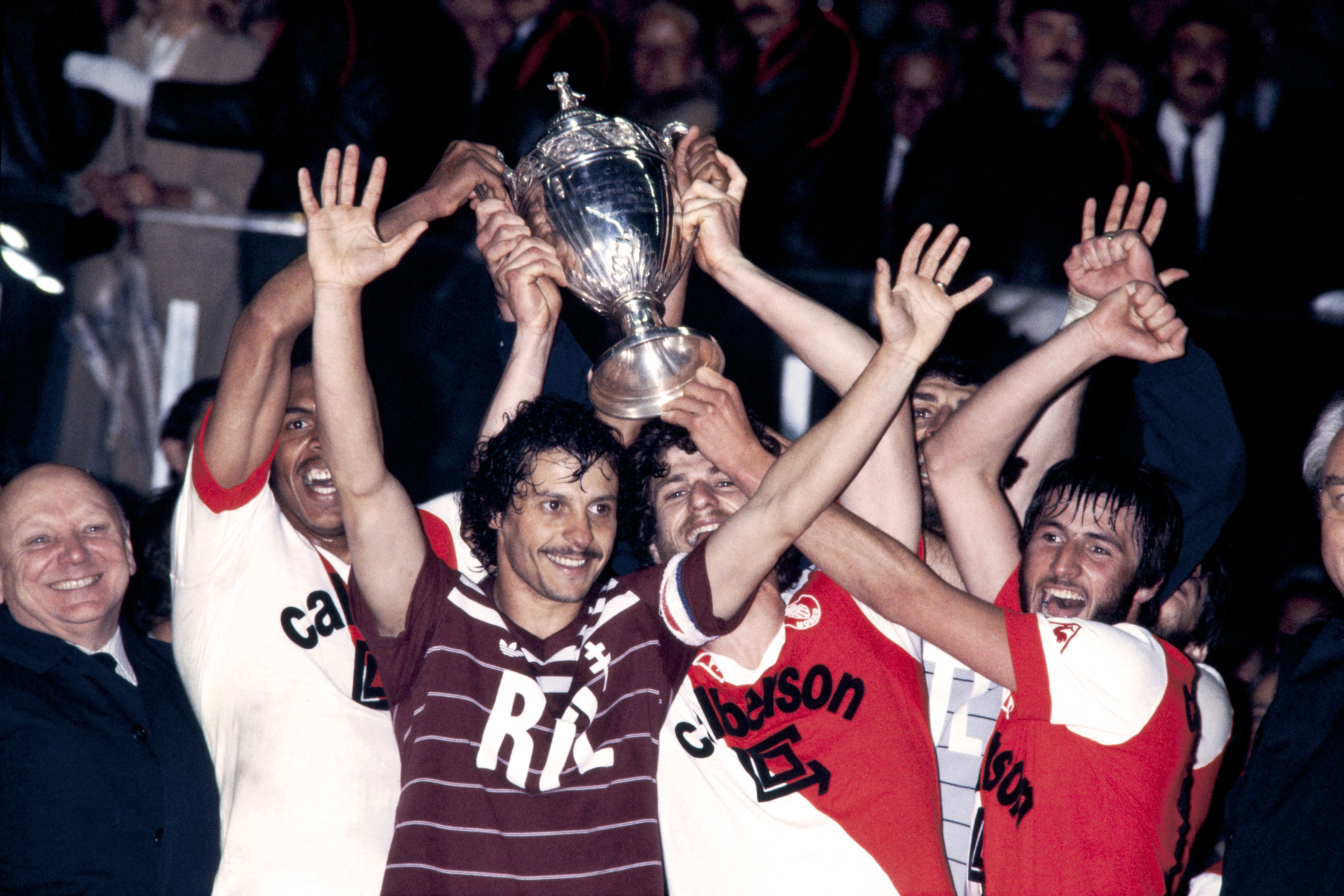 Metz players celebrate their French Cup win in May 1984.