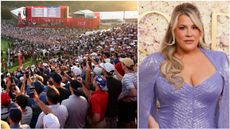 The first tee at the 2025 Ryder Cup and MC Heather McMahan