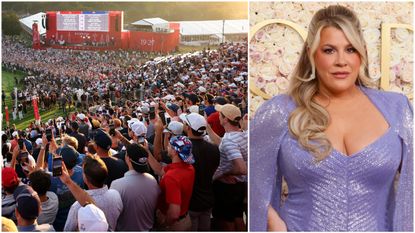 The first tee at the 2025 Ryder Cup and MC Heather McMahan