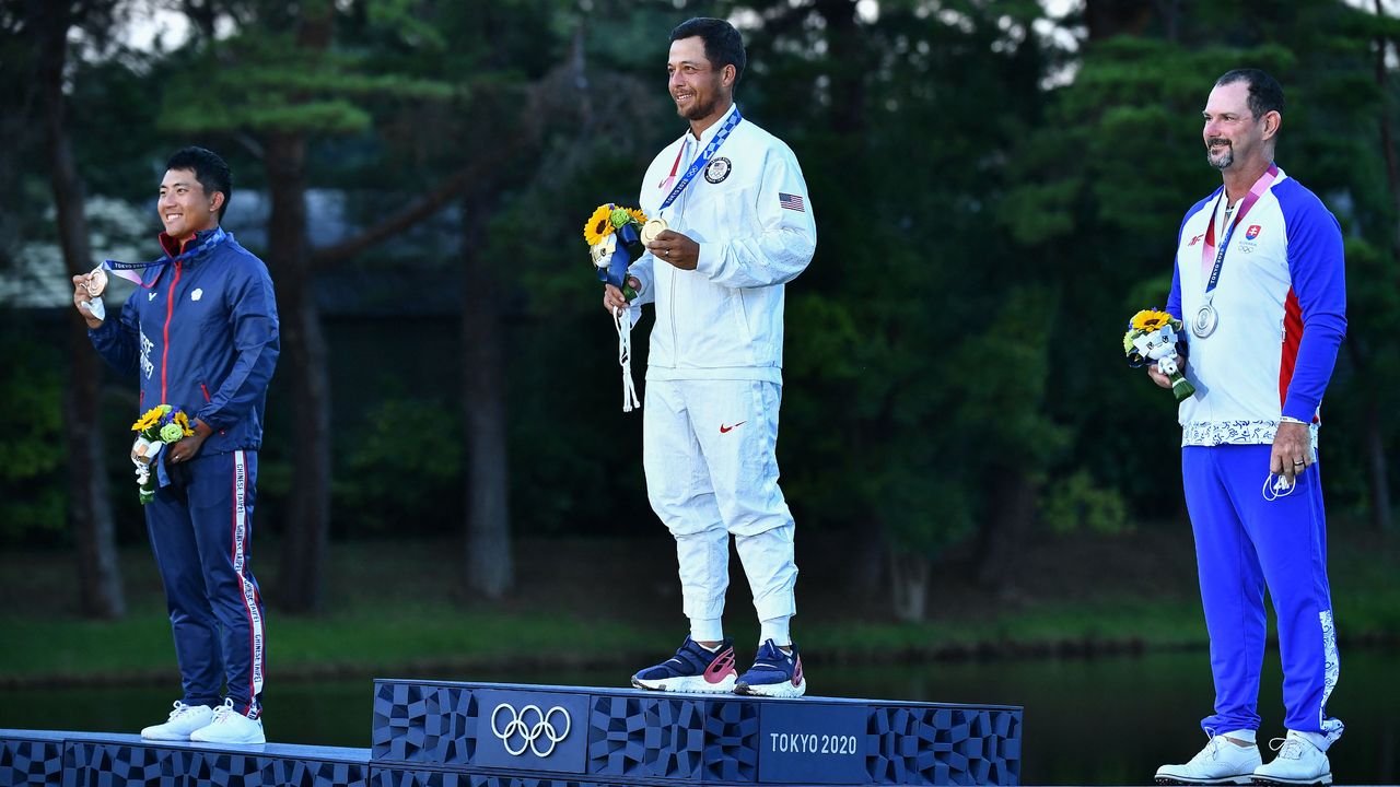 The men&#039;s medal winners on the podium at the 2020 Olympics