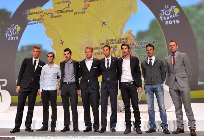 A select group of riders including 2014 Tour winner Vincenzo Nibali on stage at the 2015 Tour de France presentation