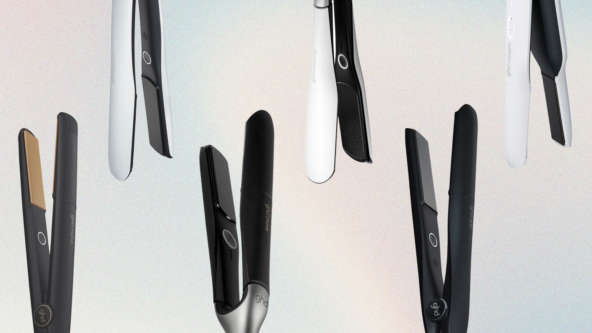 Collage of 6 of the best pairs of ghd straighteners (left to right): the Original IV, Platinum+, Chronos, Chronos Max, Gold and Unplugged models, set against a pastel ombre background