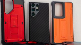 Heavy duty cases for Samsung Galaxy S23 Ultra standing upright on display.