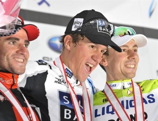 Daniel Moreno (2nd, Caisse d'Epargne), Chris Anker S&oslash;rensen (1st, Saxo Bank) and Ivan Santaromita (3rd, Liquigas)