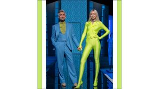 Host Tan France, Host Gigi Hadid who wears a green jumpsuit in episode 110 of Next in Fashion. Cr.