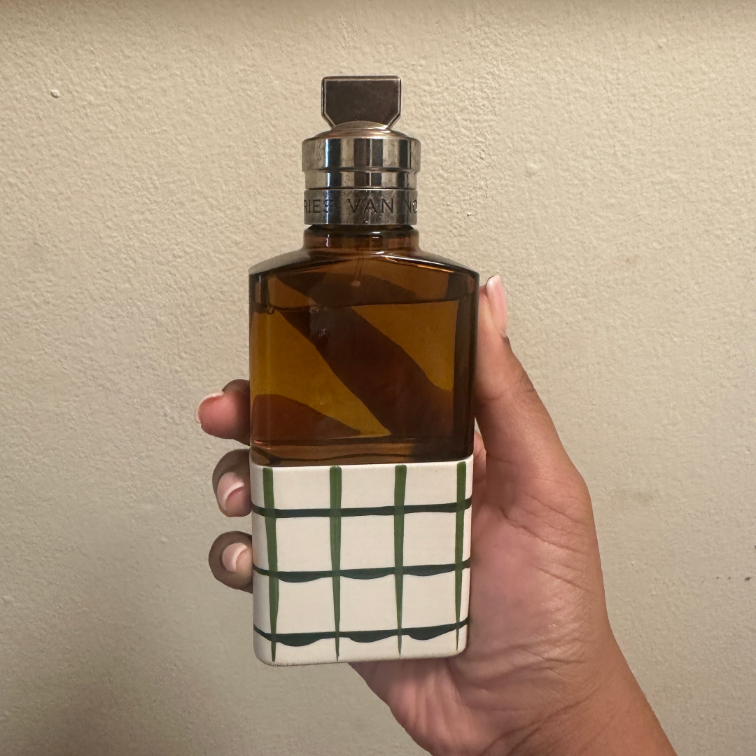 Ariel Baker testing Dries Van Noten Rock the Myrrh Eau de Parfum fragrance.