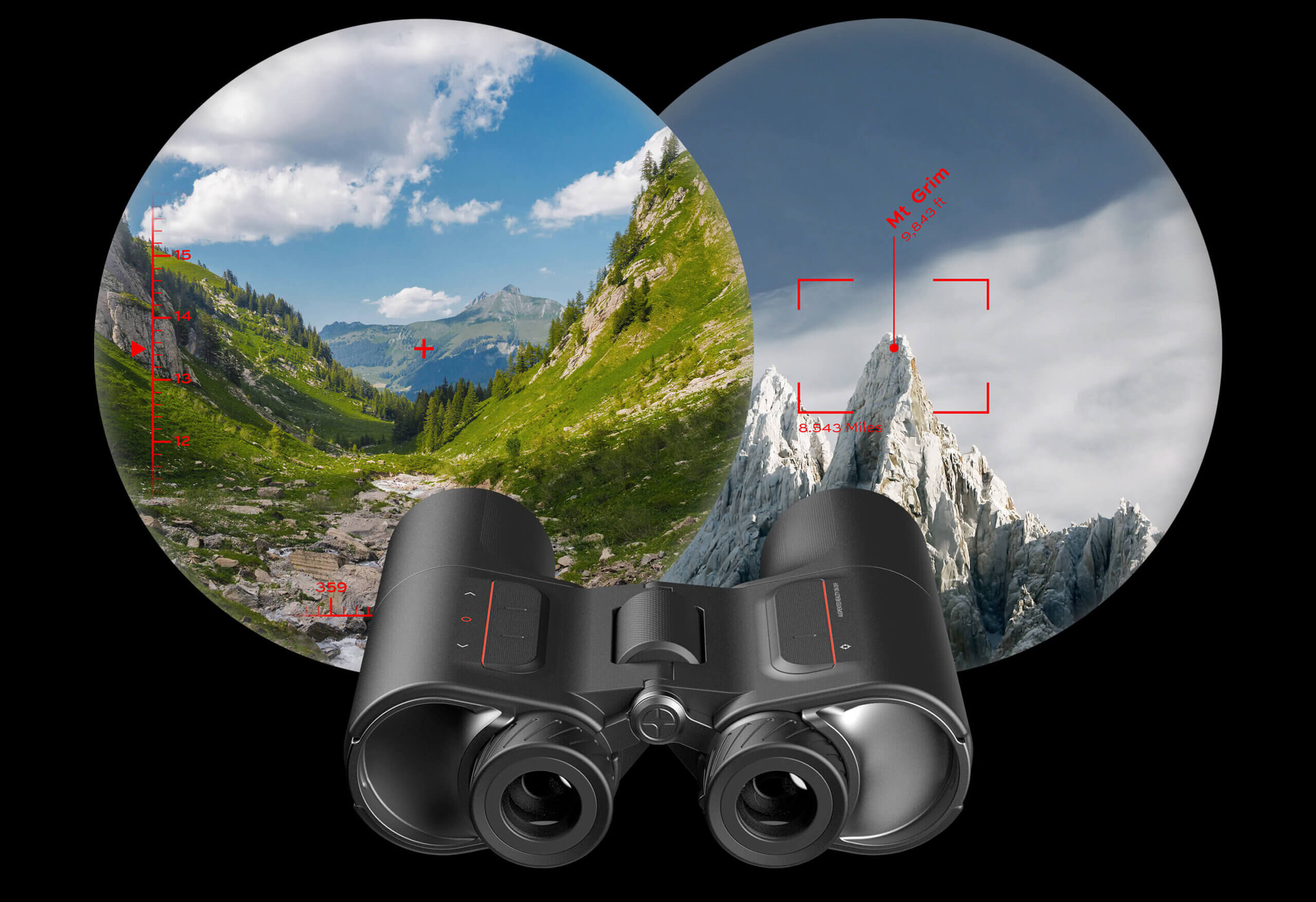 Unistellar Envision smart binoculars, with a mock-up of the view through them.