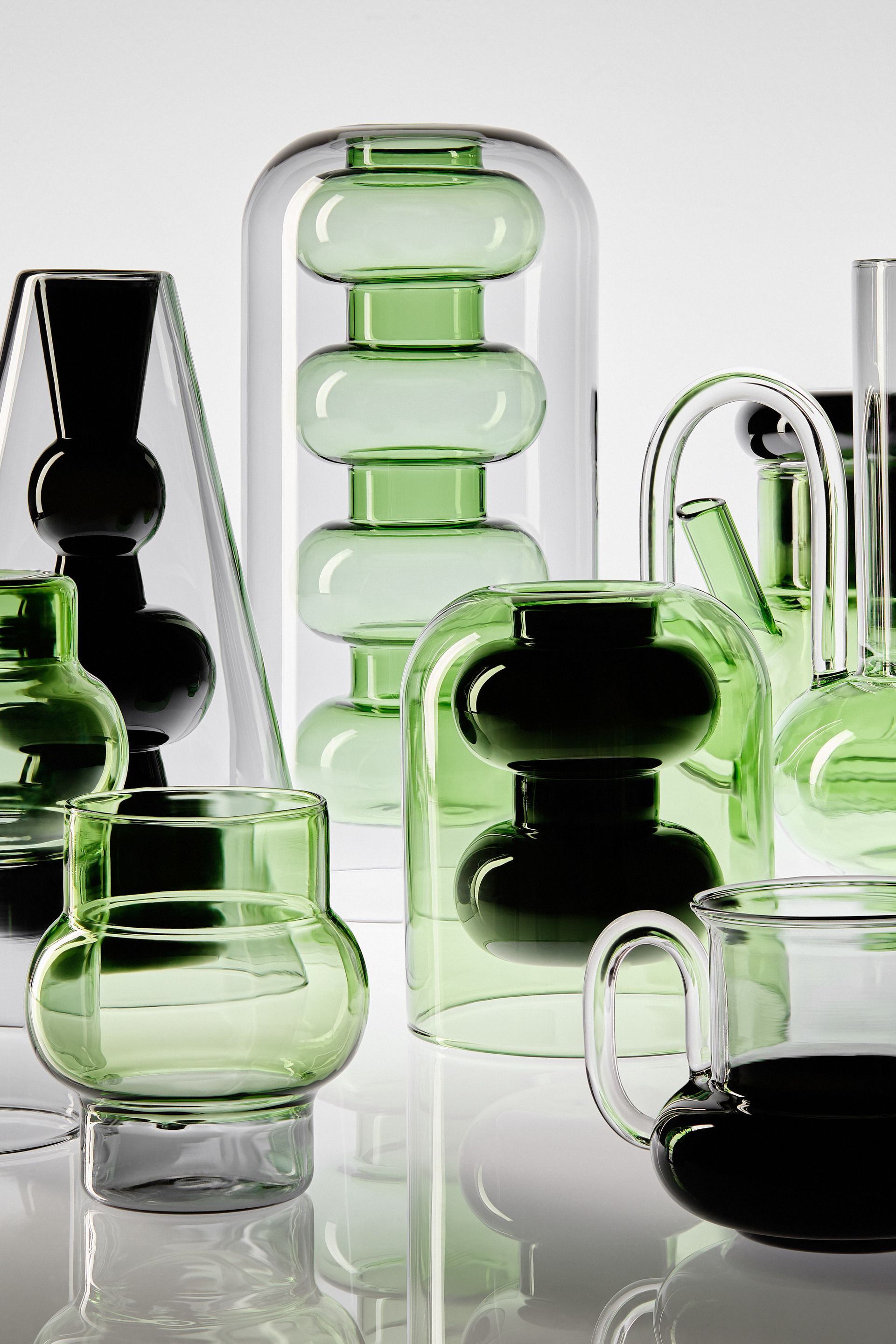 Vases made of green, black and clear borosilicate by Tom Dixon