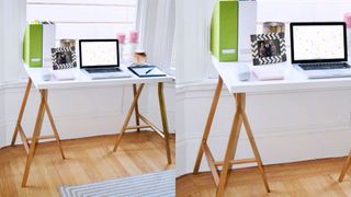 ikea desk hack with gold trestle legs and white table top