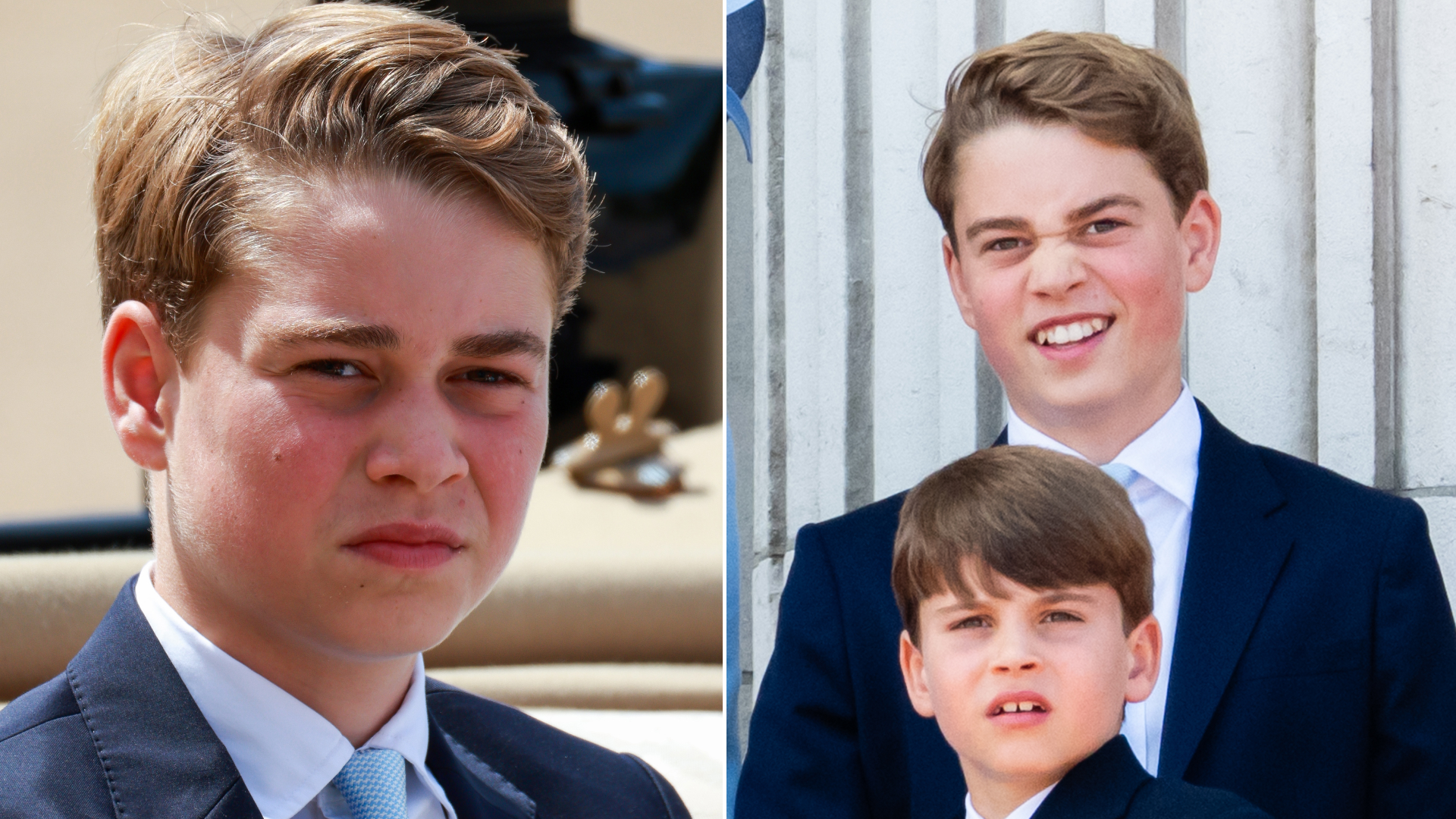 Prince George wears a navy suit with a white shirt and baby blue tie to attend Trooping the Colour 2026 at Buckingham Palace