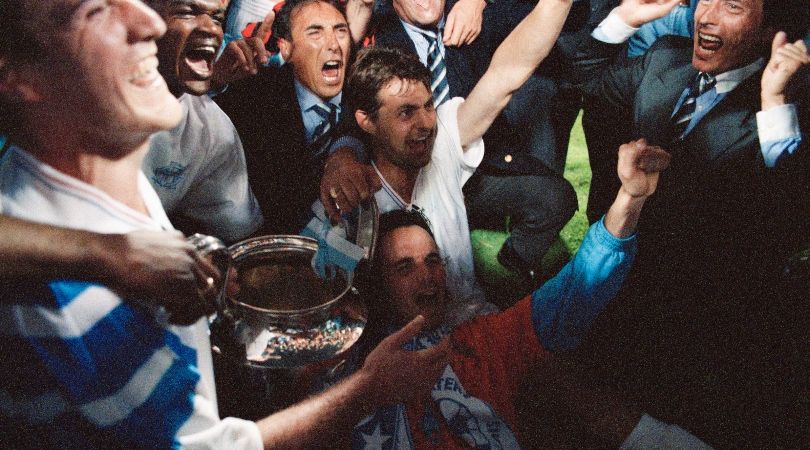 Marseille players and staff celebrate the club&#039;s Champions League final win over AC Milan in May 1993.