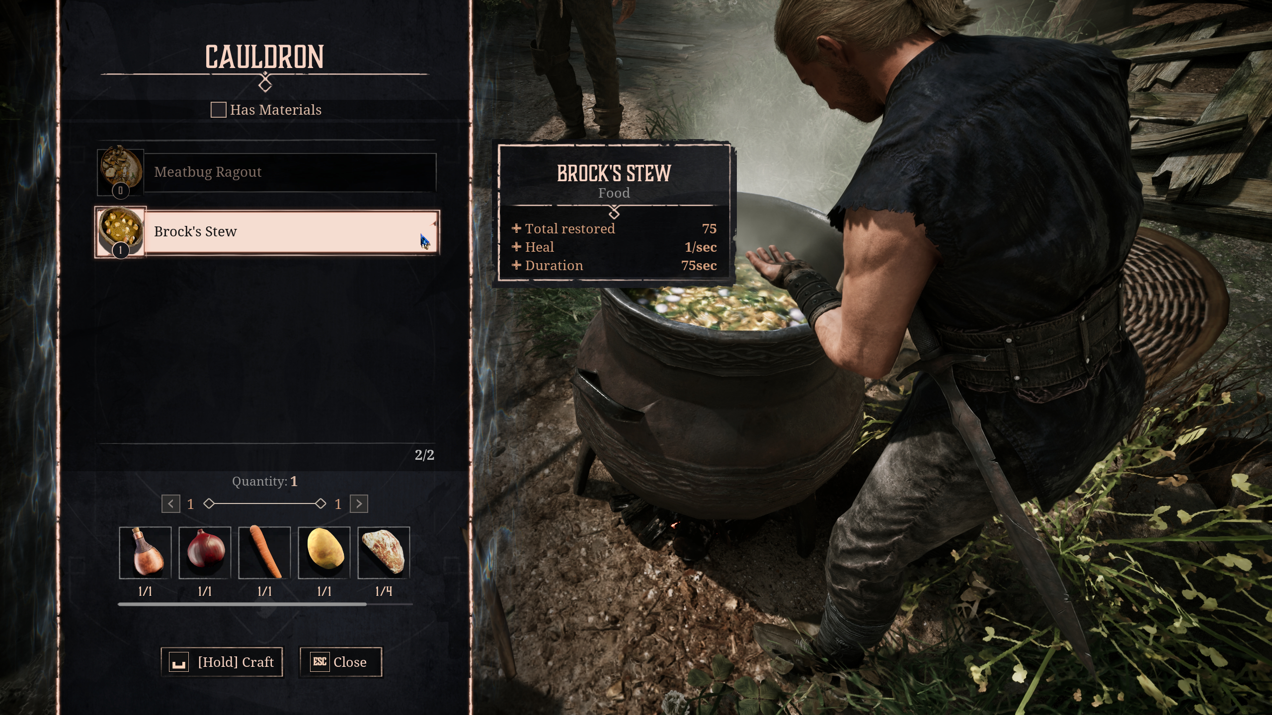 Gothic Remake The Forgotten Recipe: A player cooking Brock's Stew at a cauldron.
