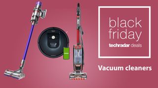 Dyson V11 Absolute, Roomba 980, Shark NZ801 on a pink background