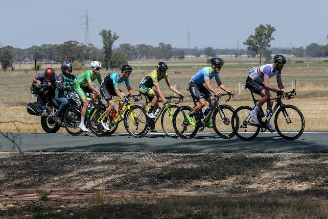 The main breakaway on stage 1 of the 2020 Herald Sun Tour gets a little relief in some shade during a hot day