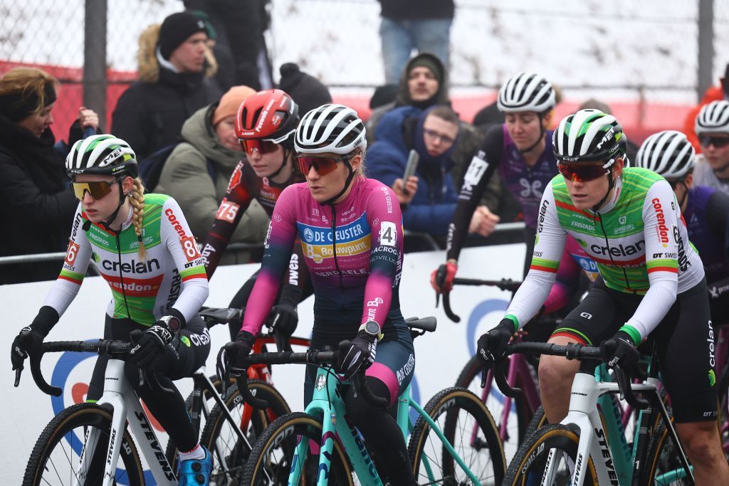 Belgian Xaydee Van Sinaey, Belgian Alicia Franck and Belgian Marion Norbert Riberolle pictured at the start of the women U23 and Elite race of the Belgian Championships cyclocross (11-12/01) on Saturday 11 January 2025 in Heusden-Zolder.
BELGA PHOTO DAVID PINTENS (Photo by DAVID PINTENS / BELGA MAG / Belga via AFP)
