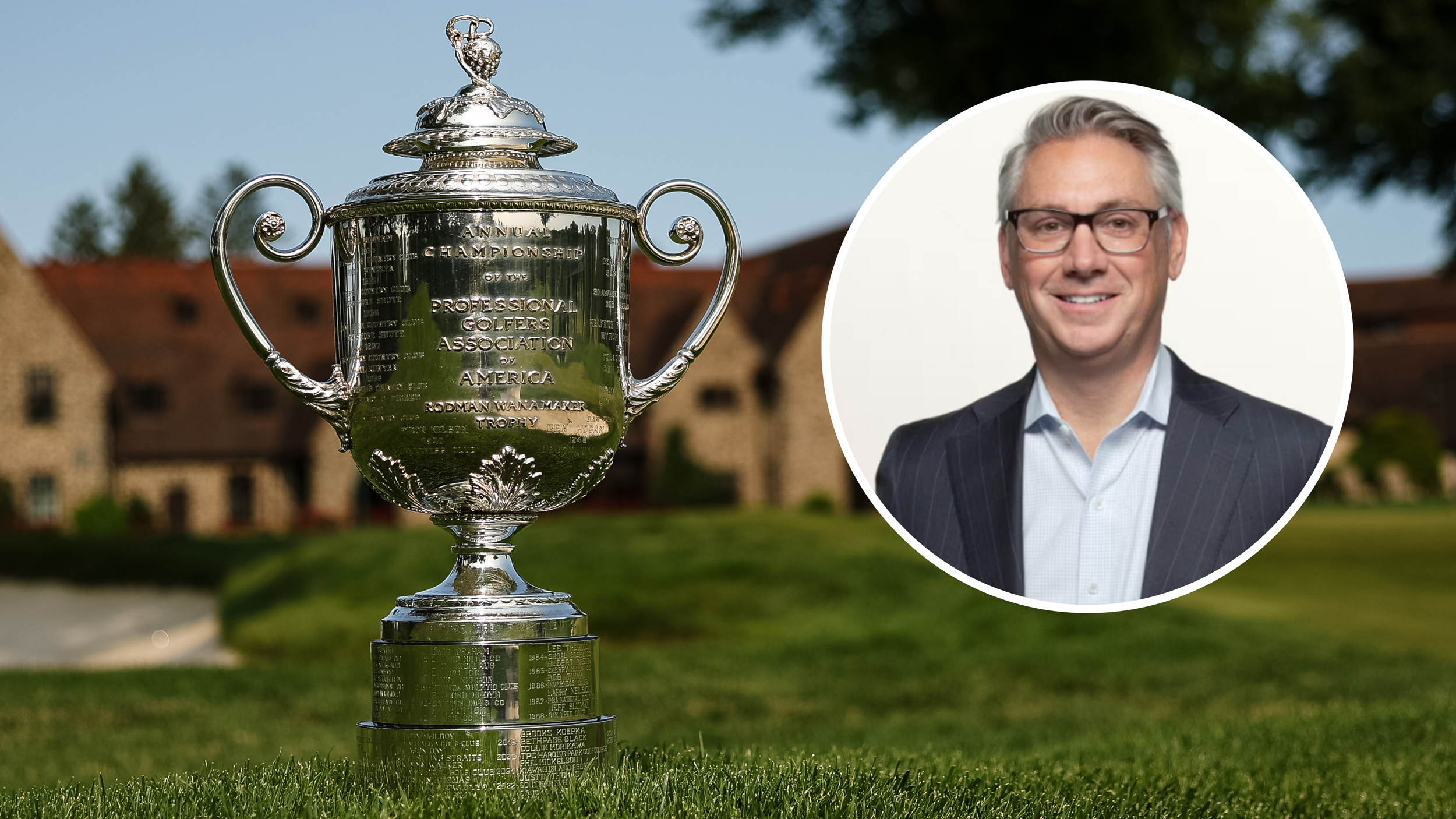 The PGA Championship trophy and an inset of Terry Clark