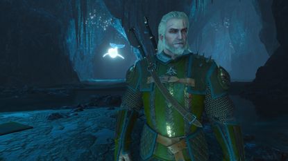 The Witcher 3 screenshot of Geralt in a cave wearing the Griffin armor set