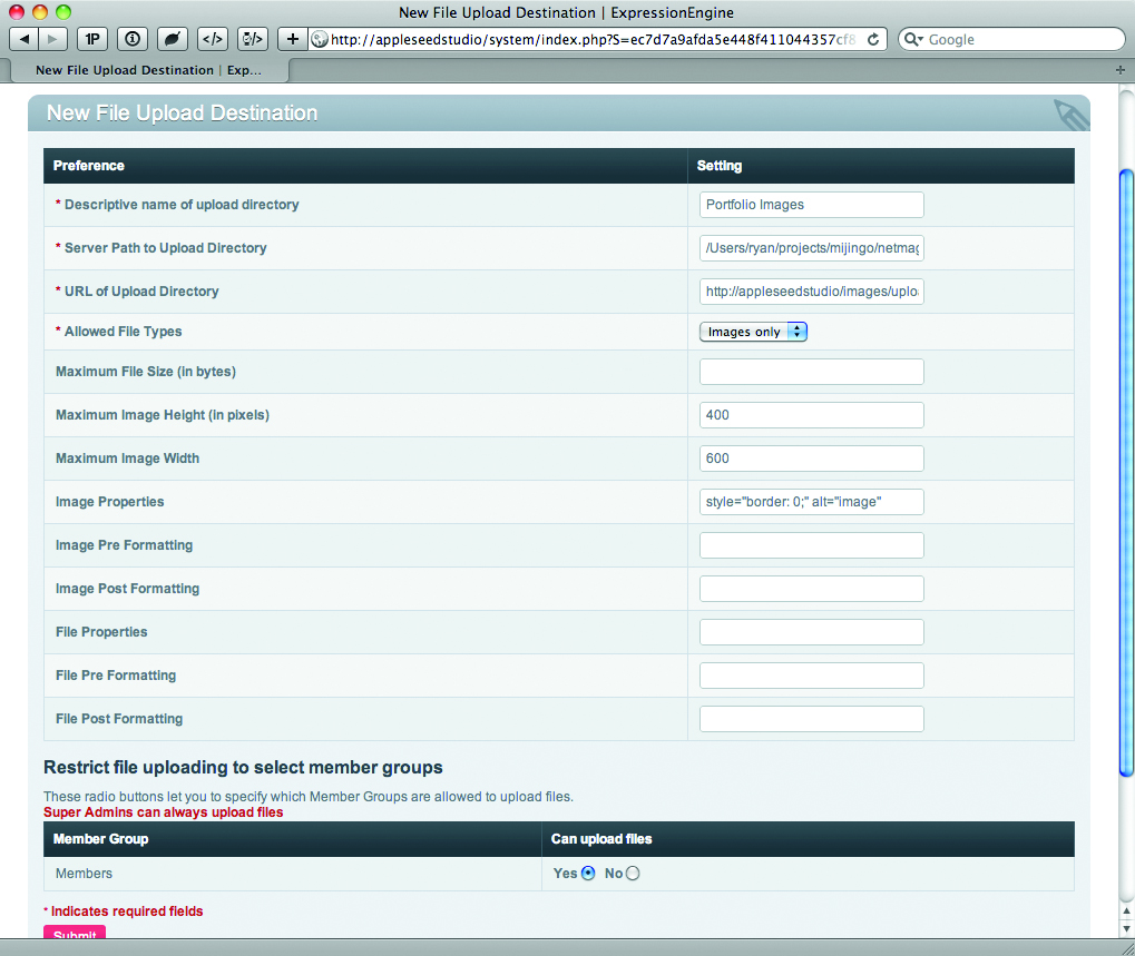 creating a new file upload destination for the project images