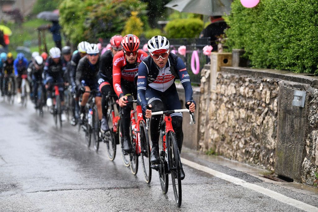 CORTINA DAMPEZZO ITALY MAY 24 Gianluca Brambilla of Italy and Team Trek Segafredo during the 104th Giro dItalia 2021 Stage 16 a 153km stage shortened due to bad weather conditions from Sacile to Cortina dAmpezzo 1210m Rain girodiitalia Giro on May 24 2021 in Cortina dAmpezzo Italy Photo by Tim de WaeleGetty Images