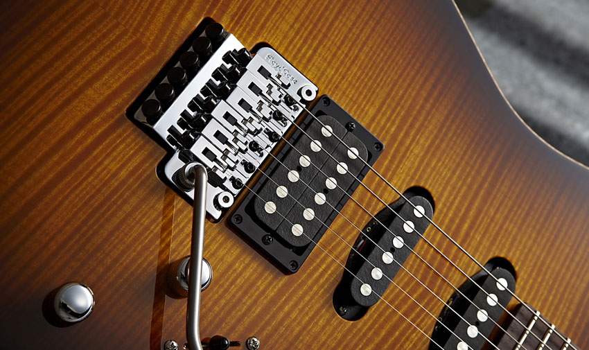 The Floyd Rose Pro Custom unit is back-routed for pull-up high jinx
