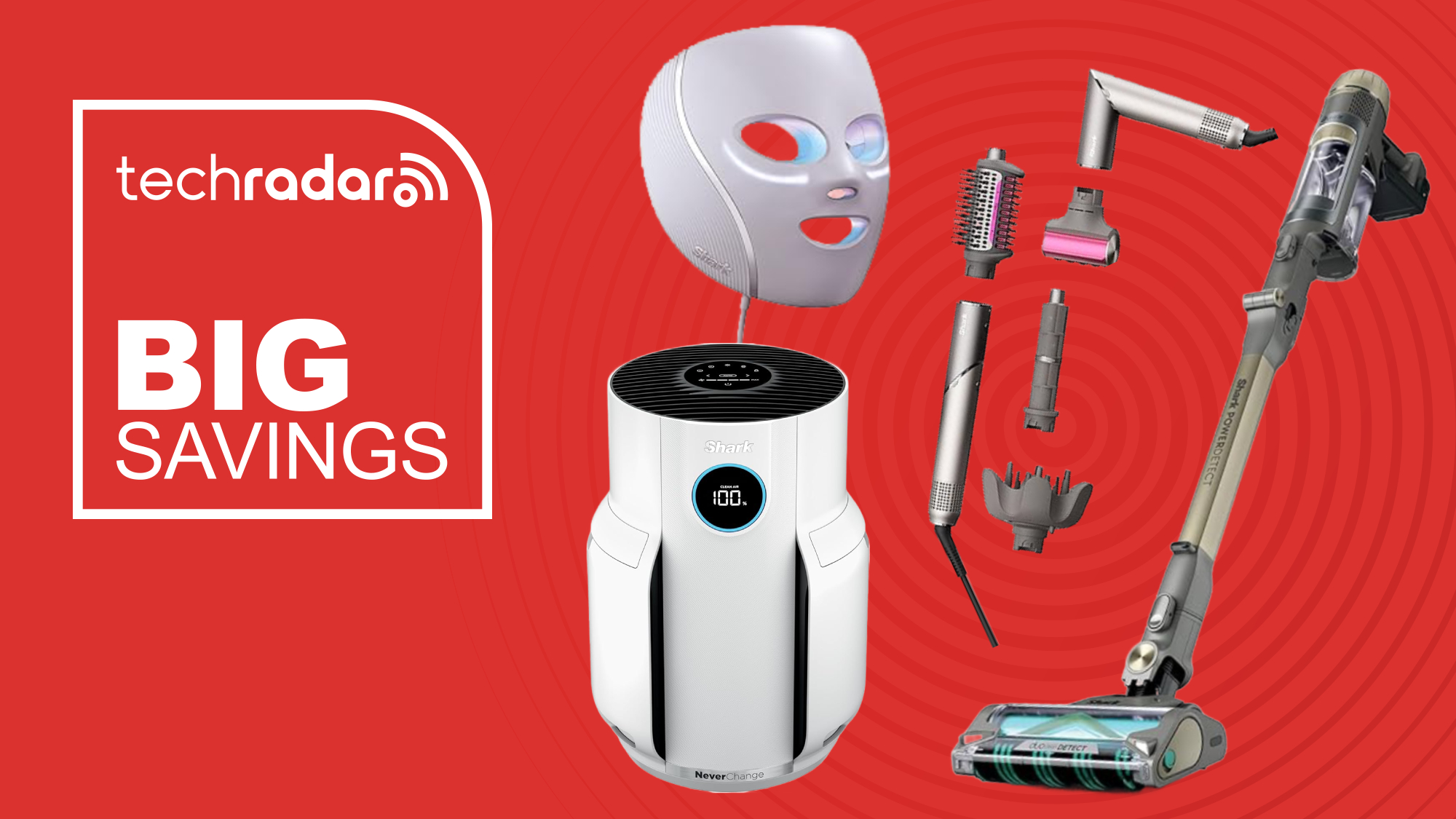 A selection of Shark products are pictured against a red background with "big savings" written in white.