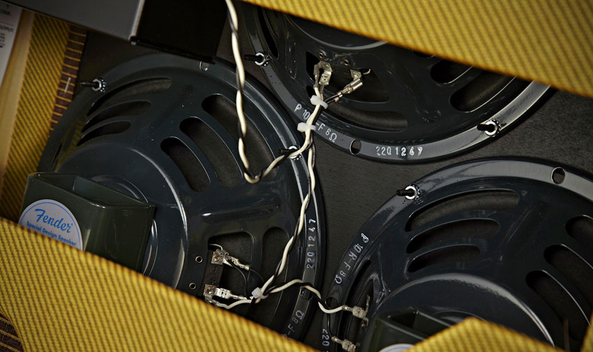 The three 10-inch Jensen P10R-F speakers are custom-designed especially for Fender, and use alnico magnets