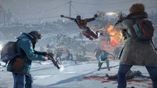 Best zombie games - a zombie jumping forward at a group of people in the snow during World War Z.