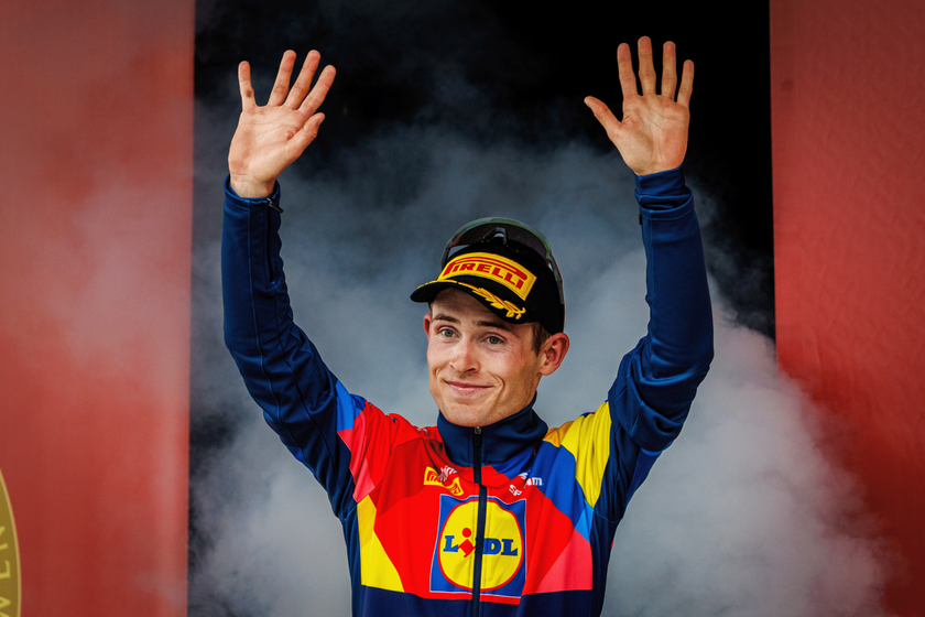 Mattias Skjelmose finishes first in the men's Amstel Gold Race from Maastricht to Valkenburg in Berg en Terblijt, Netherlands, on April 20, 2025. (Photo by Jules van Iperen / EYE4images/NurPhoto via Getty Images)