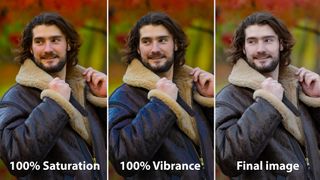 Three identical images of a man in a flight jacket, one showcasing Photoshop's Saturation slider at 100%, one showcasing the Vibrance slider at 100% and one showcasing the final image with perfectly balanced saturation