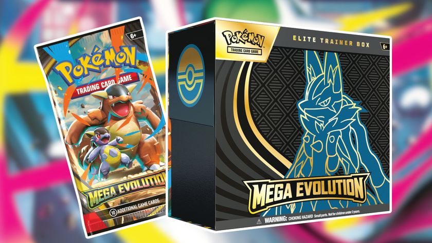 Pokemon Mega Evolution booster pack and Elite Trainer Box with white outlines, against a colorful, blurred background