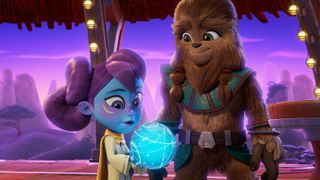 a young blue-skinned alien holds a glowing blue orb next to a fur-covered alien